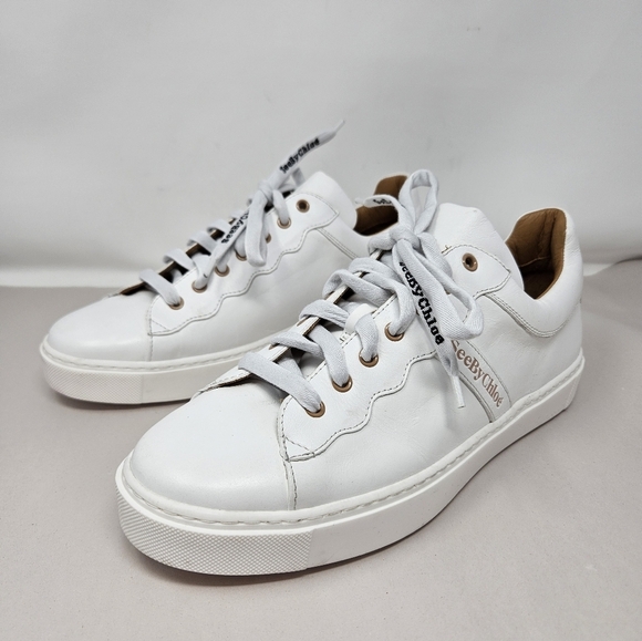 See By Chloe Womens White Leather Sneakers Size 42=12 Lace Up Casual Comfort - Picture 3 of 15